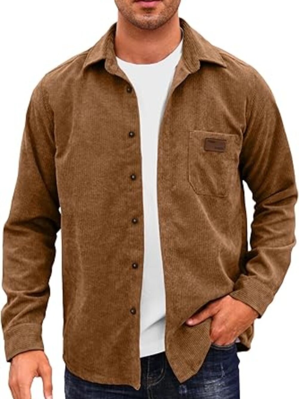 Comdecevis Men's Brown Rust Button Down Collared Corduroy Long Sleeve Shacket-Lg